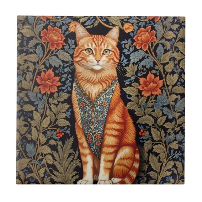 Ginger Cat William Morris Inspired Blommigt Kakelplatta (Framsidan)
