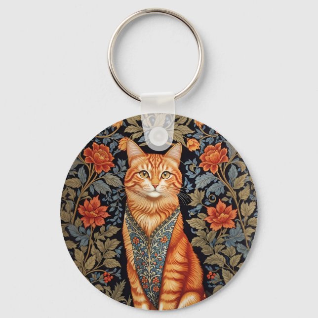 Ginger Cat William Morris Inspired Blommigt Nyckelring (Framsida)