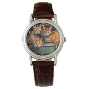 Ginger Cats Pot Plants, Dam Leather Watch Armbandsur