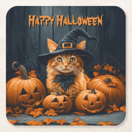 Ginger-katt med pumpkins Halloween Underlägg Papper Kvadrat