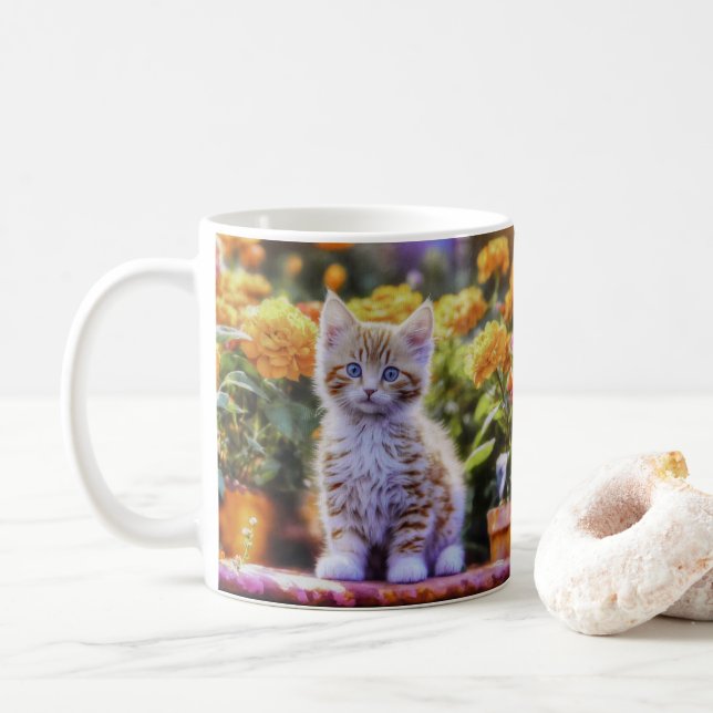 Ginger Kitten i en Blomsterträdgård Kaffemugg (Med munk)