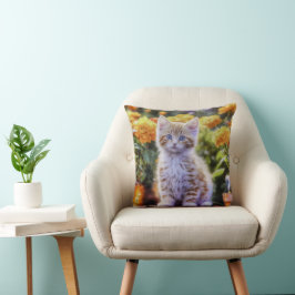 Ginger Kitten i en Blomsterträdgård Kudde