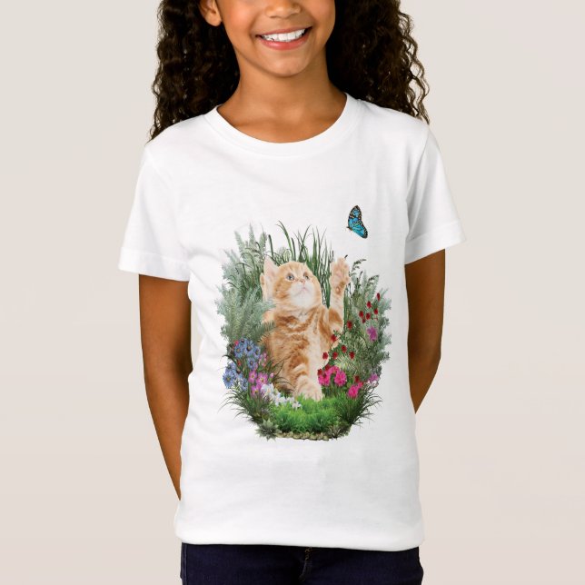 Ginger kitten leker med fjäril t-shirt (Framsida)