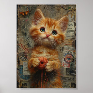 Ginger Kitten med garnkollage Poster