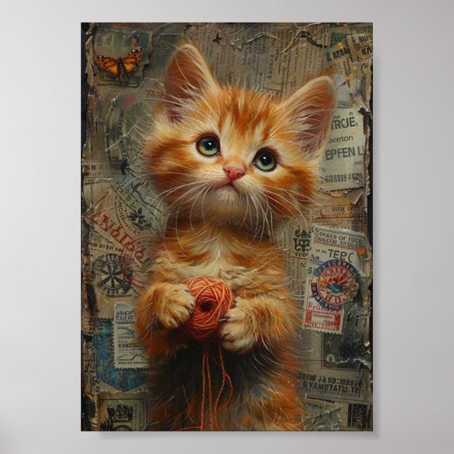 Ginger Kitten med garnkollage Poster (Framsidan)