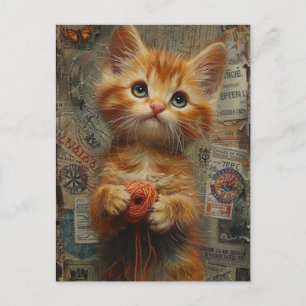 Ginger Kitten med garnkollage Vykort