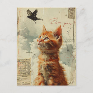 Ginger Kitten med svart, blandad media Vykort