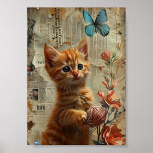 Ginger Kitten with Yarn blue butterfly Poster