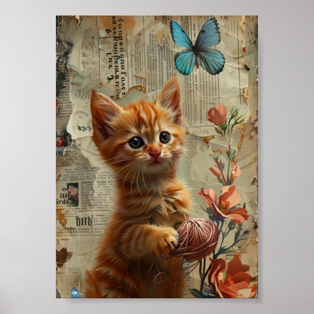 Ginger Kitten with Yarn blue butterfly Poster (Framsidan)