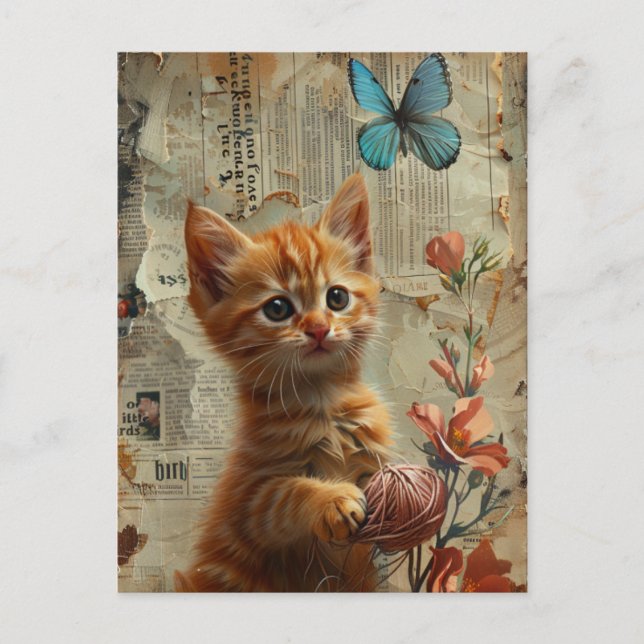 Ginger Kitten with Yarn blue butterfly Vykort (Framsida)