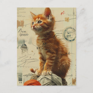 Ginger Kitten Yarn Collage Mixed Media Vykort