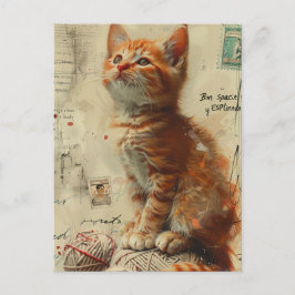 Ginger Kitten Yarn Collage Mixed Media Vykort