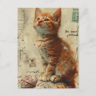 Ginger Kitten Yarn Collage Mixed Media Vykort