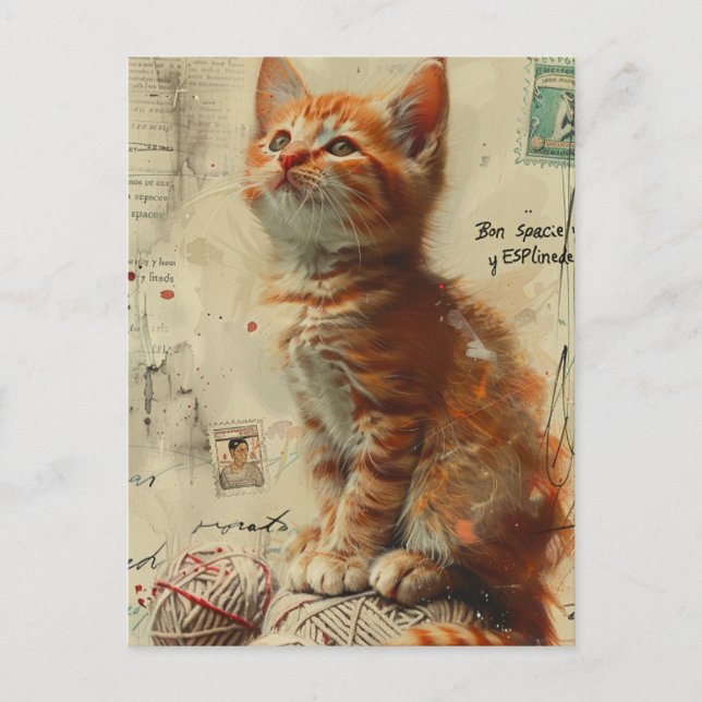 Ginger Kitten Yarn Collage Mixed Media Vykort (Framsida)