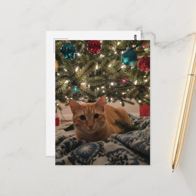 Ginger Kitty under julgranen Vykort (Fram/Back In Situ)