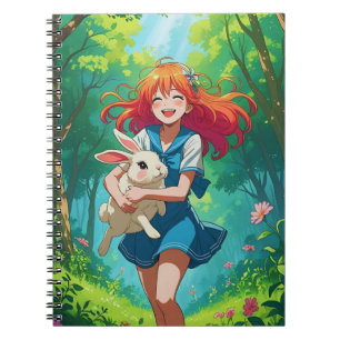 Ginger-ledd Anime Girl med sin Bunny Anteckningsbok