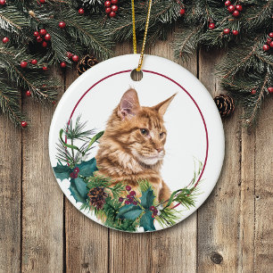 Ginger Maine Coon Cat Evergreen Berry Wandan Julgransprydnad Keramik