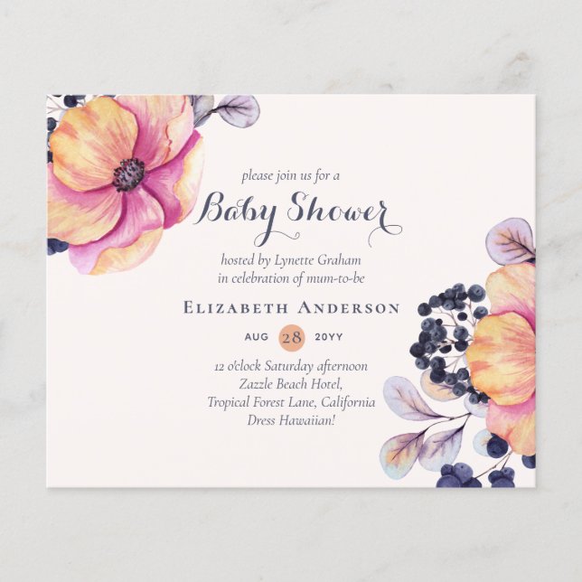 Ginger Navy Blommigt Baby Shower Inbjudan BUDGET (Framsida)