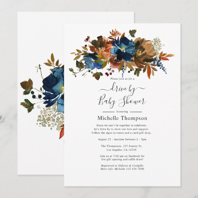 Ginger och Navy Blommigt Drive by Shower Inbjudningar (Fram/baksida)