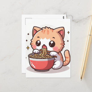 Ginger och White Kitten Eating Ramen Vykort