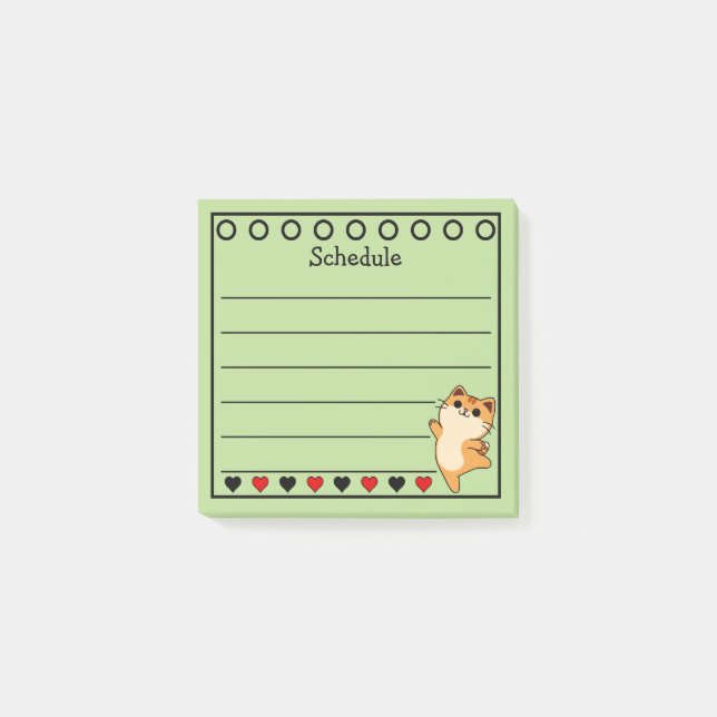 Ginger Orange Cat Schedule-Grönt Post-it Block (Framsida)