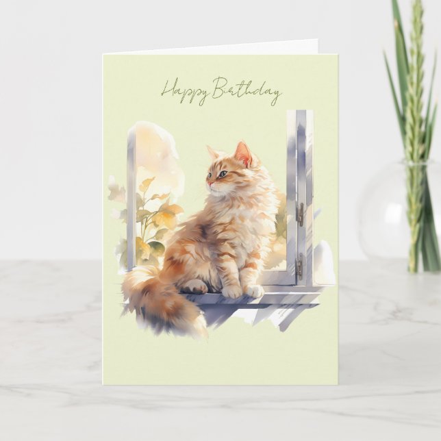Ginger/Orange Katt i ett Fönster Födelsedagskort Kort (Framsida)