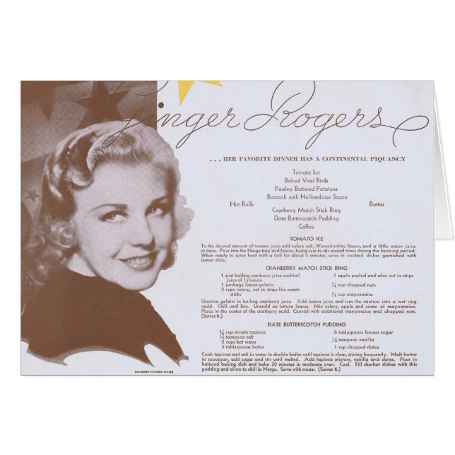 Ginger Rogers Vintage Dinner Party Menu Hälsningskort (Framsidan Horizontal)