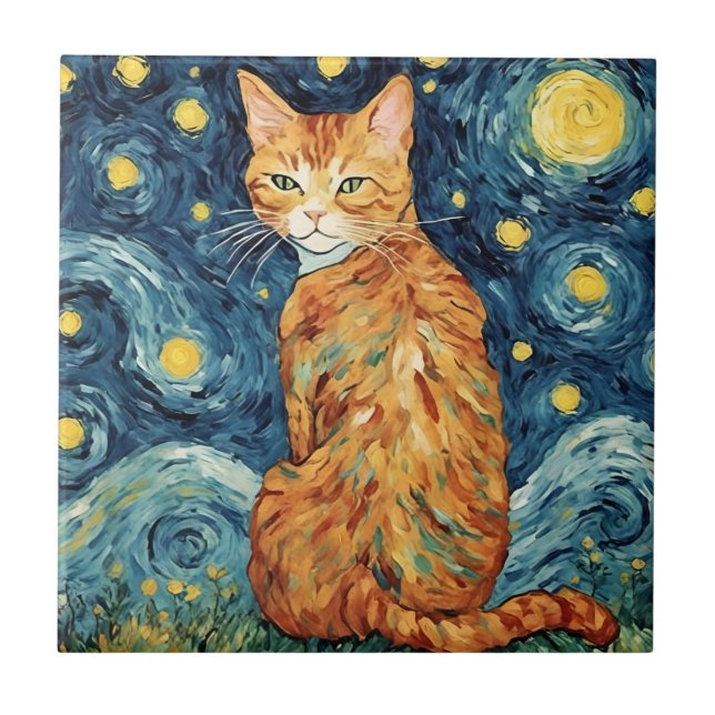 Ginger Tabby katt i Starry Natt Kakelplatta (Framsidan)