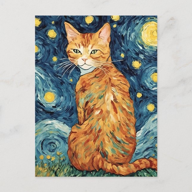 Ginger Tabby katt i Starry Natt Vykort (Framsida)