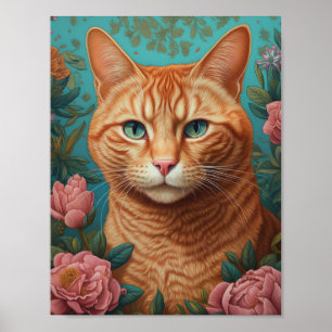 Ginger Tabby katt och Peonies Poster