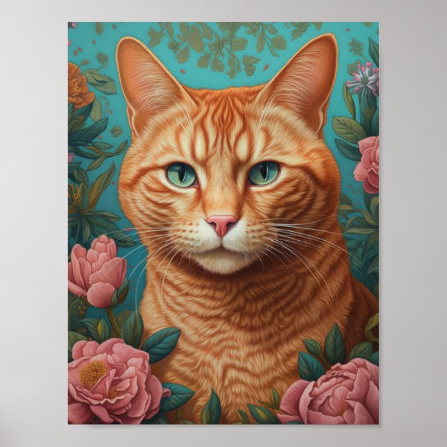 Ginger Tabby katt och Peonies Poster (Framsidan)