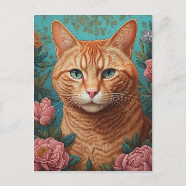 Ginger Tabby katt och Peonies Vykort (Framsida)