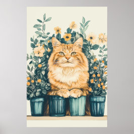 Ginger Tabby katt, omgiven av blommande blommor Poster
