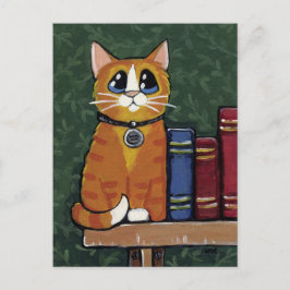 Ginger Tabby katt på bokhylleillustration Vykort