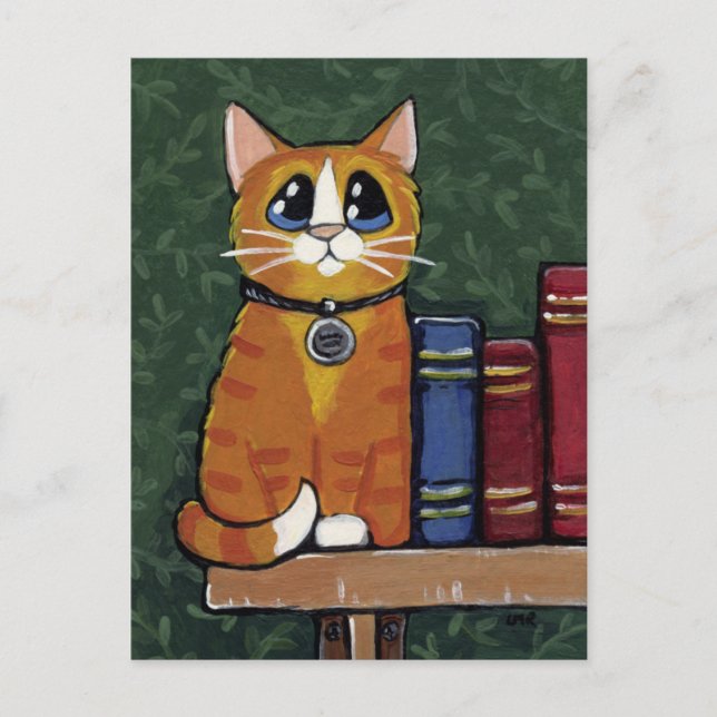 Ginger Tabby katt på bokhylleillustration Vykort (Framsida)