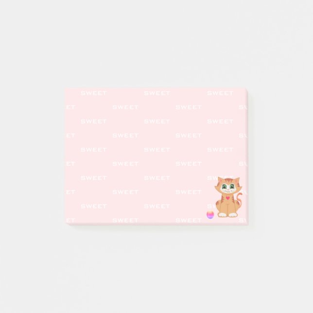 Ginger Tabby Kitty Katt Tecknad på Rosa Post-it Block (Framsida)