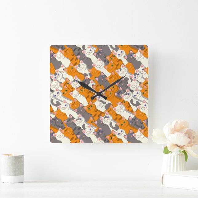 Ginger white svart cat diagonal mönster fyrkantig klocka (Hem)