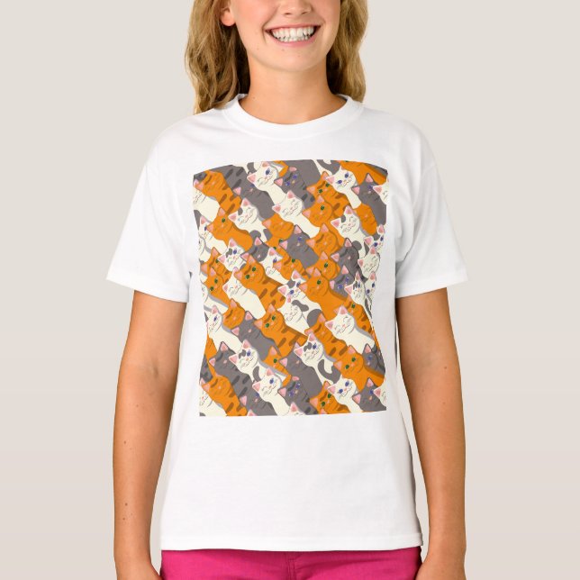 Ginger white svart cat diagonal mönster t shirt (Framsida)