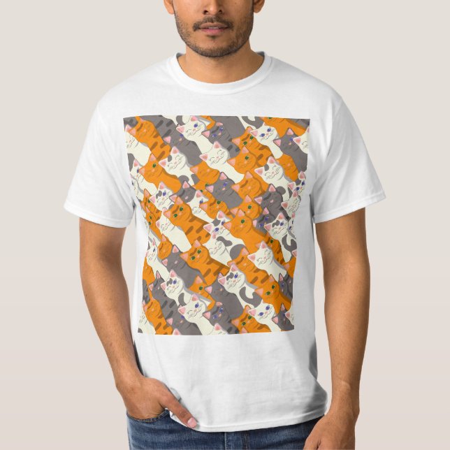 Ginger white svart cat diagonal mönster t shirt (Framsida)
