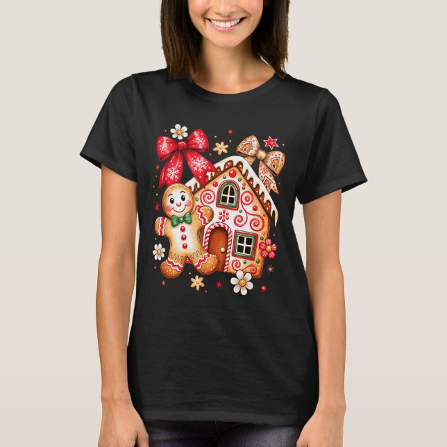 Gingerbread Christmas Bow Christmas House Retro Co T Shirt (Framsida)