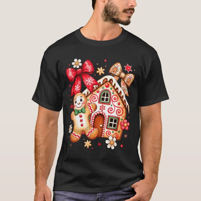 Gingerbread Christmas Bow Christmas House Retro Co T Shirt (Framsida)