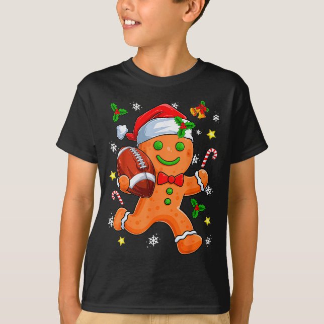 Gingerbread Cookie Playing Football Merry Christma T Shirt (Framsida)