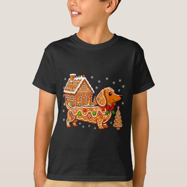Gingerbread Dachshund Christmas Tree House Cookie  T Shirt (Framsida)
