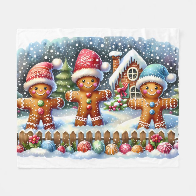 Gingerbread Family Snowy Christmas Scene Fleecefilt (Framsidan (Horisontell))
