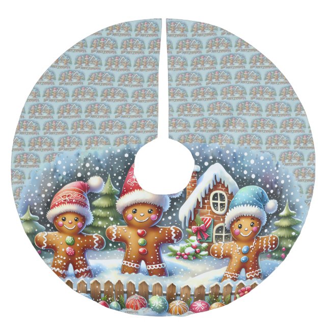 Gingerbread Family Snowy Christmas Scene Julgransmatta Borstad Polyester (Framsidan)