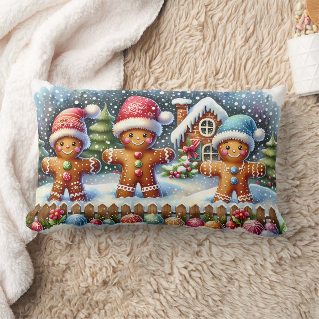 Gingerbread Family Snowy Christmas Scene Lumbarkudde (Filt)