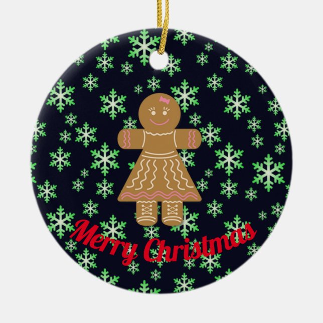 Gingerbread Girl och gröna snöflingor Julgransprydnad Keramik (Framsidan)