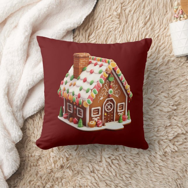 Gingerbread House Burgundy Röd Jul Holiday Kudde (Filt)