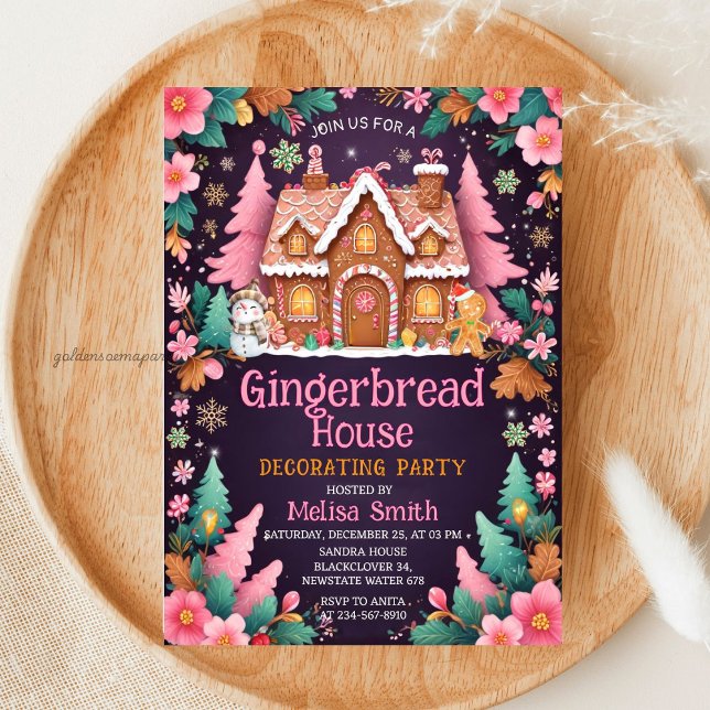Gingerbread House Dekorering Julfest Inbjudningar (Gingerbread House Decorating Christmas Party Invitation)