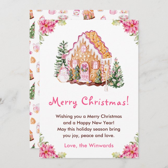 Gingerbread House Pink Merry Christmas Julkort (Fram/baksida)